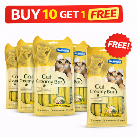 Packaging of Cat Creamy Bars with promotional text 'Buy 10 Get 1 Free' on a white background.