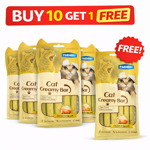 Packaging of Cat Creamy Bars with promotional text 'Buy 10 Get 1 Free' on a white background.