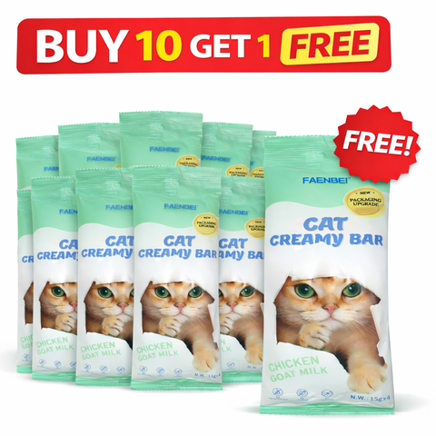 Packaging of cat creamy bars with promotional text on a white background