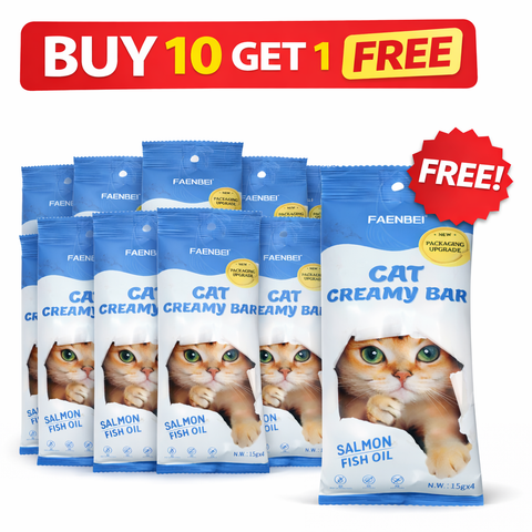 Packaging of FAENBIER Cat Creamy Bar with promotional text 'Buy 10 Get 1 Free' on a white background.