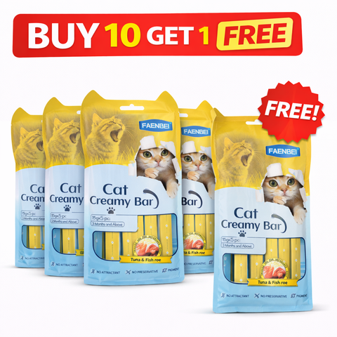 Packaging of Cat Creamy Bars with promotional text 'Buy 10 Get 1 Free' on a white background.