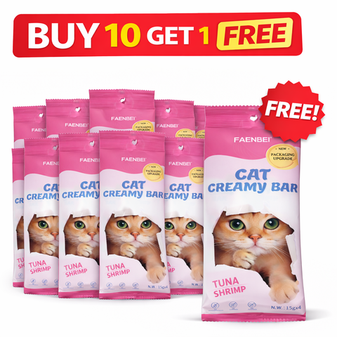 Packaging of Cat Creamy Bars with promotional text 'Buy 10 Get 1 Free' on a white background.
