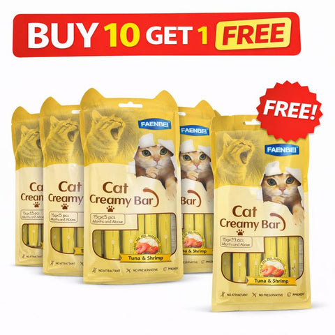 Packaging of Cat Creamy Bars with promotional text 'Buy 10 Get 1 Free' on a white background.