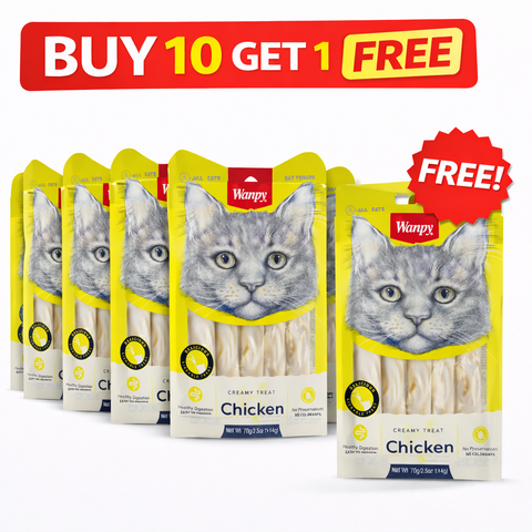 Wanpy cat treats packaging with a buy 10 get 1 free offer on a white background