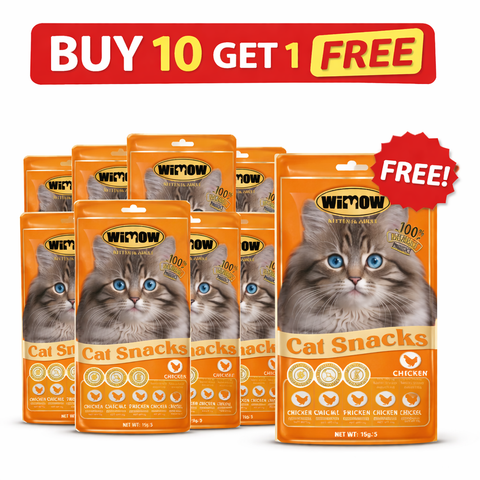 Packaging of Wimow cat snacks with promotional text on a white background