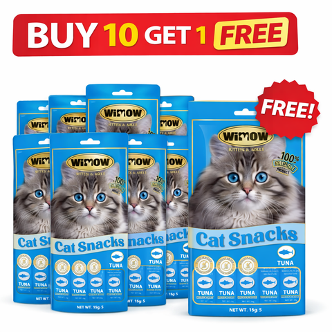 Wimow cat snacks packages with a buy 10 get 1 free offer on a white background