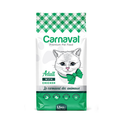 Carnaval cat food package with a green and white checkered border and a cat illustration on a white background.