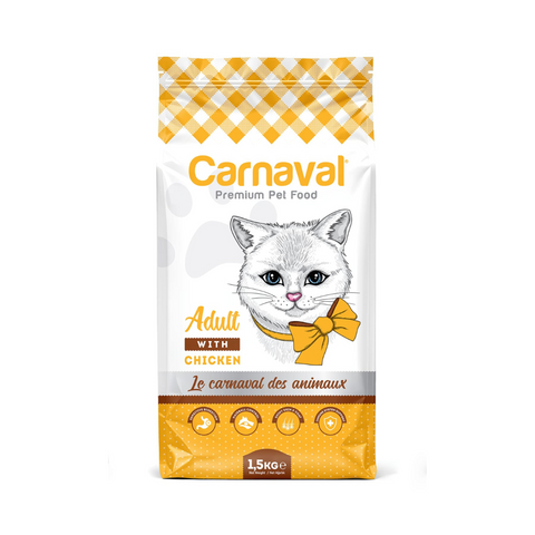 Carnaval cat food package with a white cat illustration on a checkered background