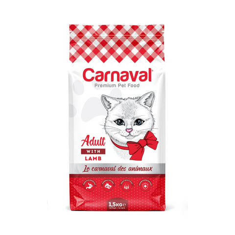 Carnaval cat food package with a red and white checkered border and a cat illustration on a white background.