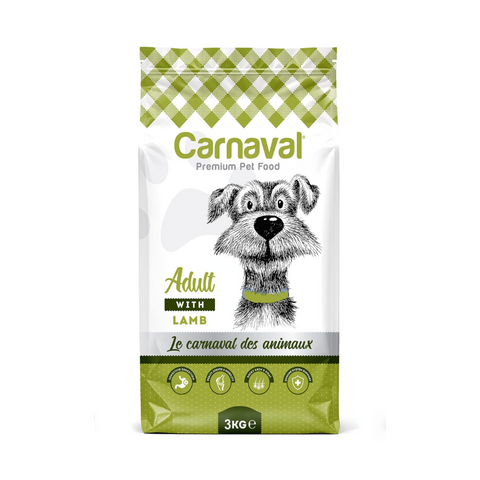 Carnaval dog food package with a green and white checkered border and a dog illustration on a white background.