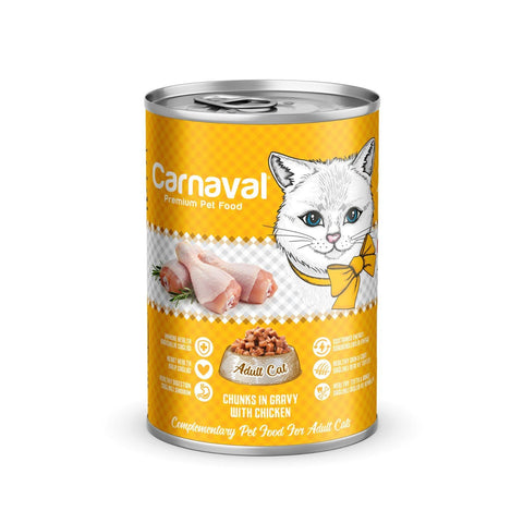 Carnaval canned cat food with a yellow label on a white background