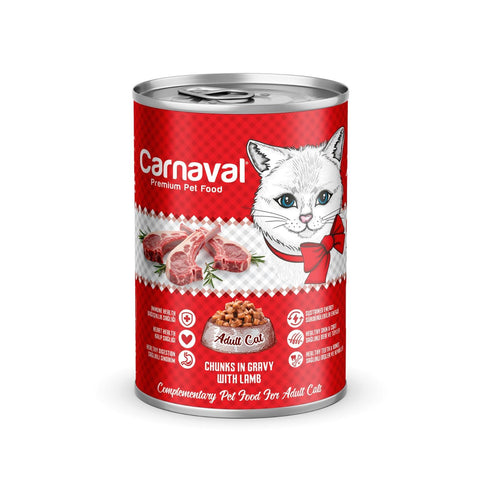 Carnaval cat food can with a red label featuring a cat illustration on a white background