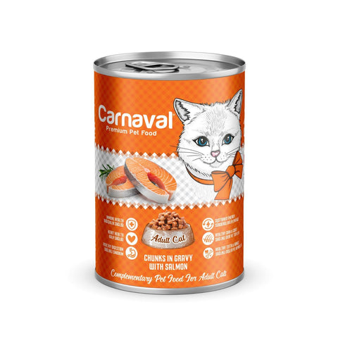 Carnaval canned cat food with salmon chunks on an orange background
