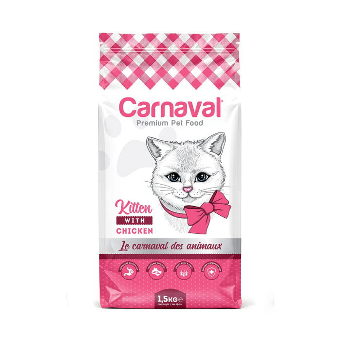 Carnaval kitten pet food package with a pink and white checkered border on a white background