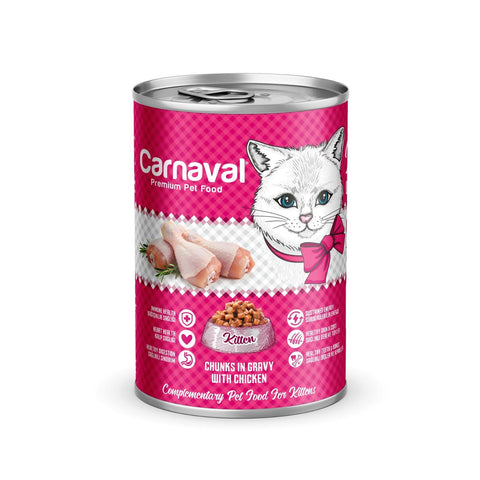 Carnaval cat food can with pink label and cat illustration on a white background