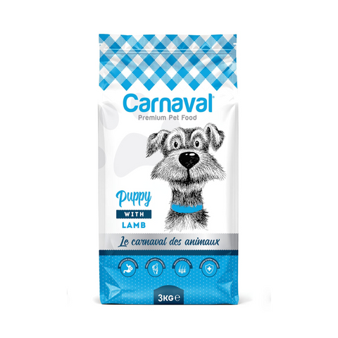 Carnaval puppy dog food package with blue and white checkered border and puppy illustration.