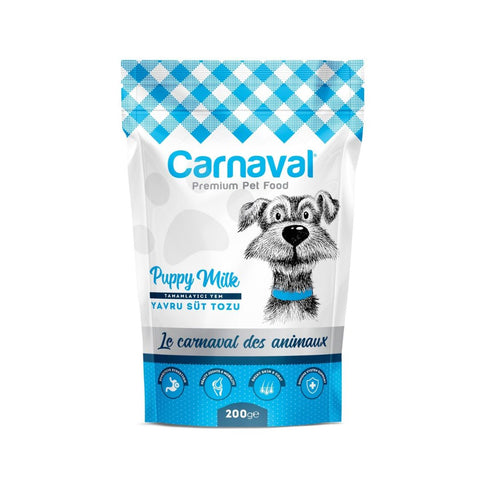 Carnaval puppy milk pet food package with blue and white checkered pattern on a white background
