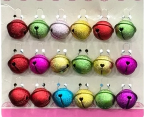 Colorful jingle bells on a display card with a pink border.