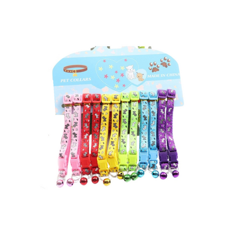 Set of colorful pet collars with bell charms on a display card.