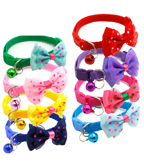 Colorful cat collars with bow ties and bells on a white background