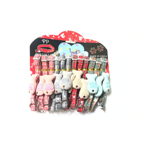 Assorted pet collars in various colors on a display card with brand logo.