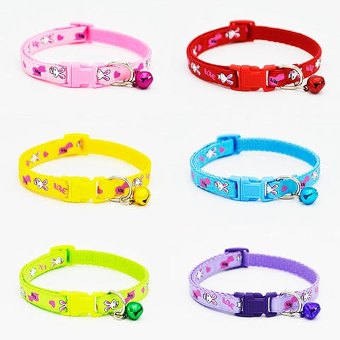 Set of colorful cat collars with bell attachments on a white background