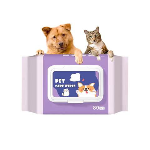 Pet care wipes packaging with a dog and cat peeking out