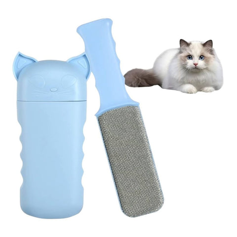 Pet grooming tool with blue handle and gray surface, featuring a cat on a white background.