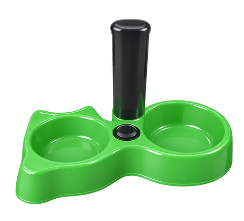 Green plastic object with a black cylindrical component on a beige background
