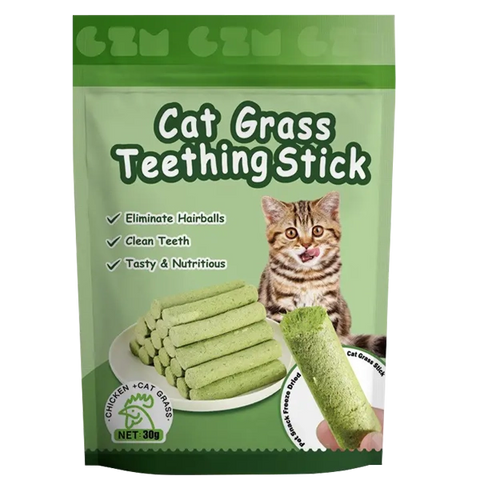 Cat grass teething stick packaging with a cat on a green background