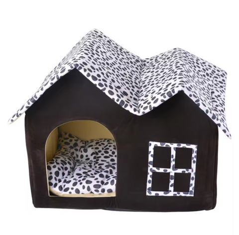Pet house with leopard print roof and interior on a white background