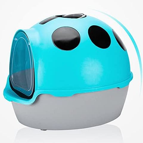 Pet litter box with teal top and gray base on a white background