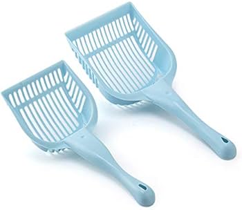 Two blue plastic cat litter scoops on a white background