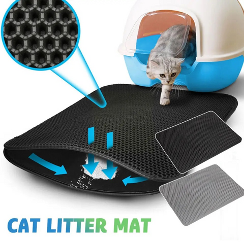 Cat litter mat with a cat peeking out from a litter box, showing close-up details.