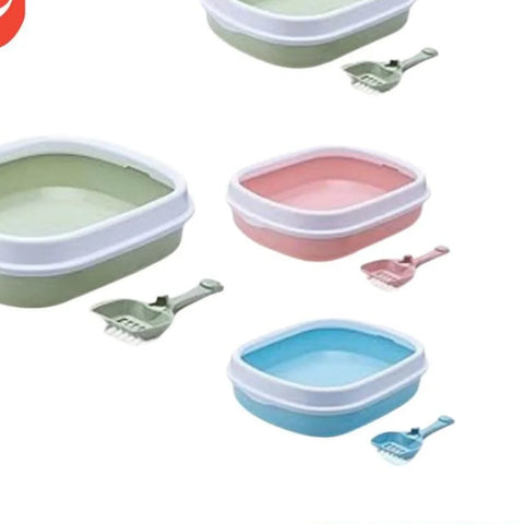 Pet litter boxes in green, pink, and blue with scoops on a white background, featuring The Fluffy Pets brand.