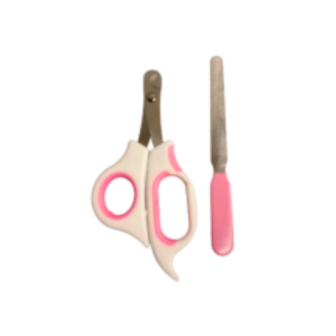 Pair of pink-handled scissors on a white background