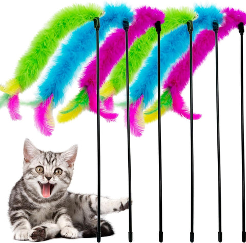 Colorful feather cat toys on sticks with a cat below them
