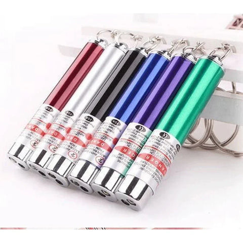 Set of colorful laser pointers with keychains on a white background