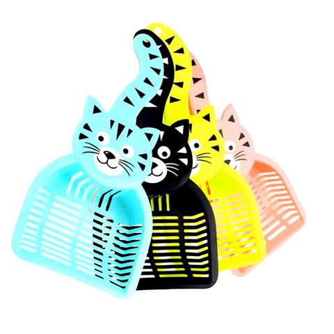 Four colorful cat-shaped scoopers on a white background