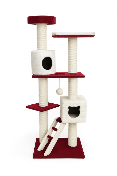 Cat tree with multiple levels, platforms, and a scratching post on a white background