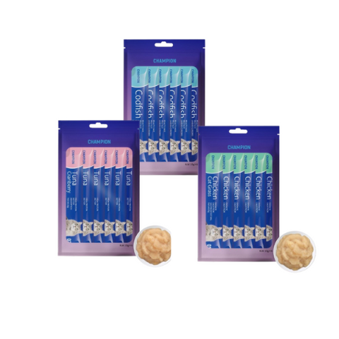 Packaging of cat food sticks with visible flavors on a white background