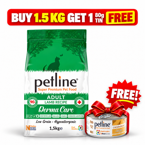 Petline Adult Lamb Recipe Hypoallergenic Cat Food 1.5kg with free Petline Adult 80g tin