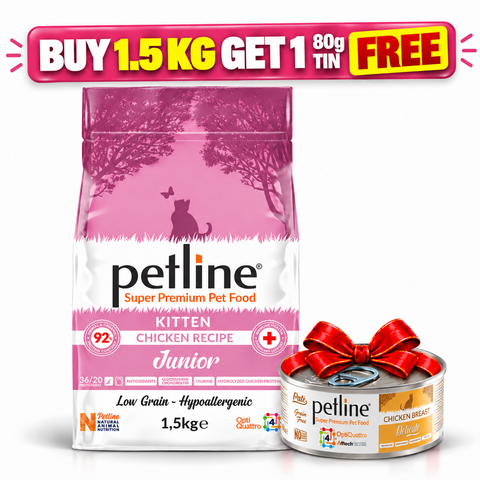 Buy 1.5kg Petline Kitten Food Chicken Selection & Get 1  Petline Adult Cat Wet Food Chicken Tin 80g Free