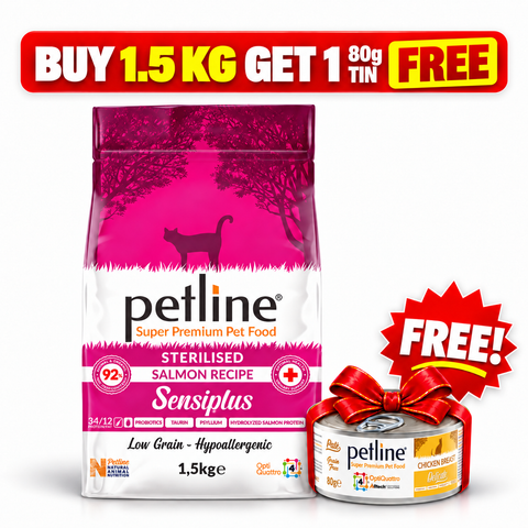 Buy 1.5 KG Petline Sterilised Cat Food Salmon Selection & Get 1 Petline Adult Cat Wet Food Chicken Tin 80g Free