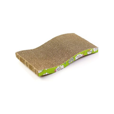Wavy cat scratcher with a green and white patterned border on a white background
