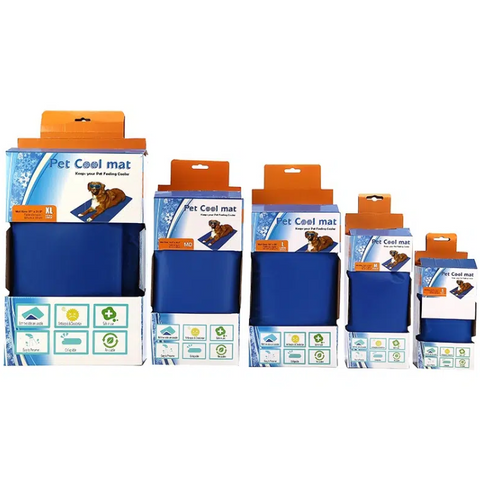 Multiple packages of a pet cool mat with blue mat and orange packaging on a white background