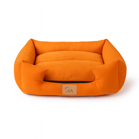Orange pet bed with a brand logo on a white background