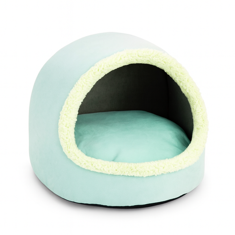 Pet bed with a light blue exterior and cream-colored interior on a white background