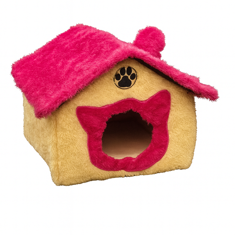 Plush pet house with pink roof and entrance on a white background