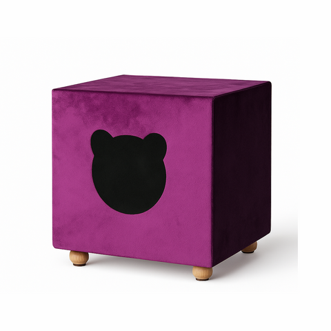 Purple cube-shaped pet bed with a black bear face design on a white background